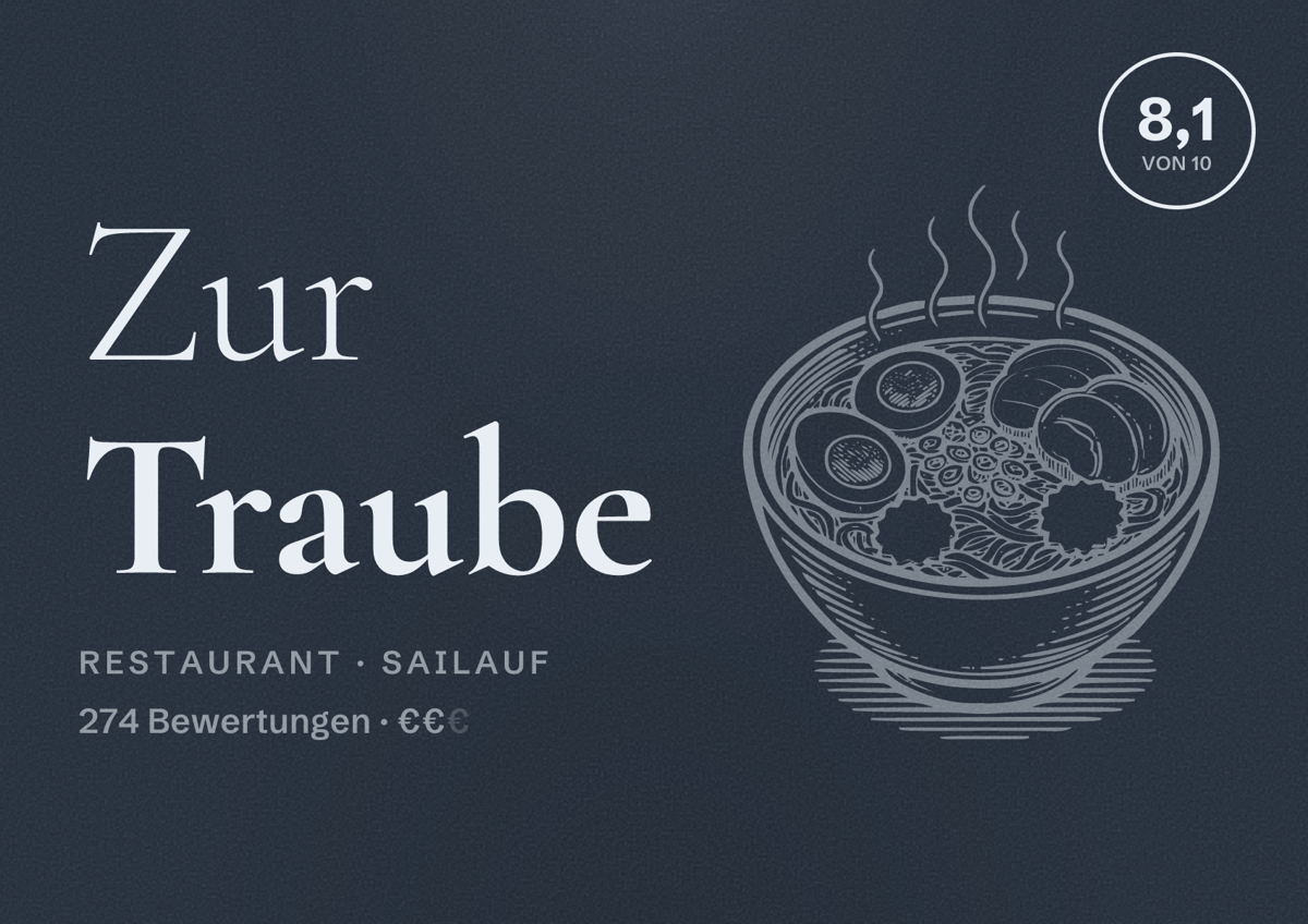 Illustriertes Poster von Zur Traube, Restaurant in Sailauf: Bewertung 8,1 von 10 aus 274 Bewertungen, Preisniveau €€