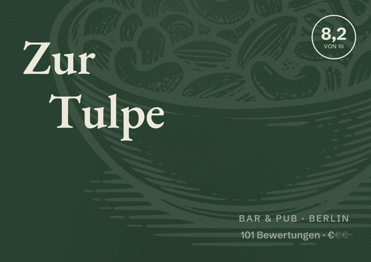 Illustriertes Poster von Zur Tulpe, Bar & Pub in Berlin: Bewertung 8,2 von 10 aus 101 Bewertungen, Preisniveau €