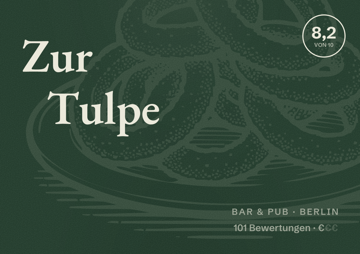Illustriertes Poster von Zur Tulpe, Bar & Pub in Berlin: Bewertung 8,2 von 10 aus 101 Bewertungen, Preisniveau €