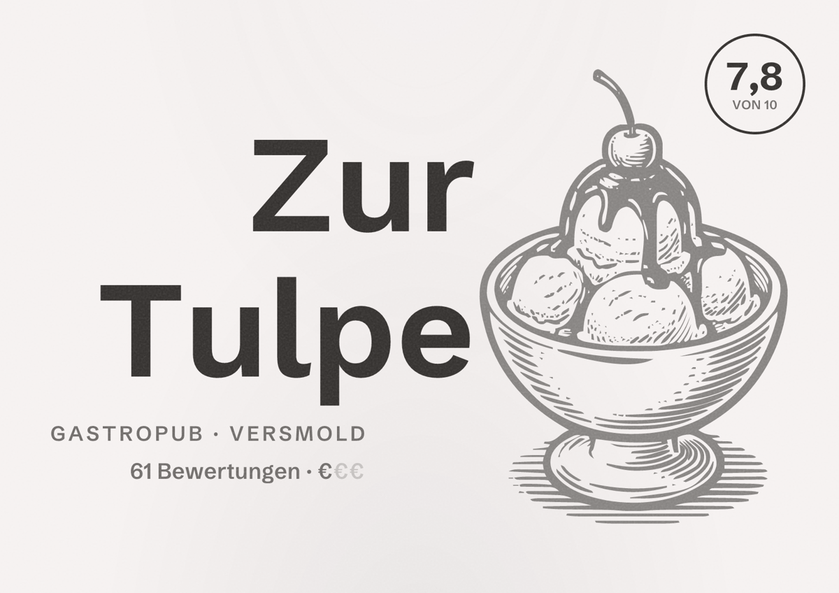 Illustriertes Poster von Zur Tulpe, Gastropub in Versmold: Bewertung 7,8 von 10 aus 61 Bewertungen, Preisniveau €