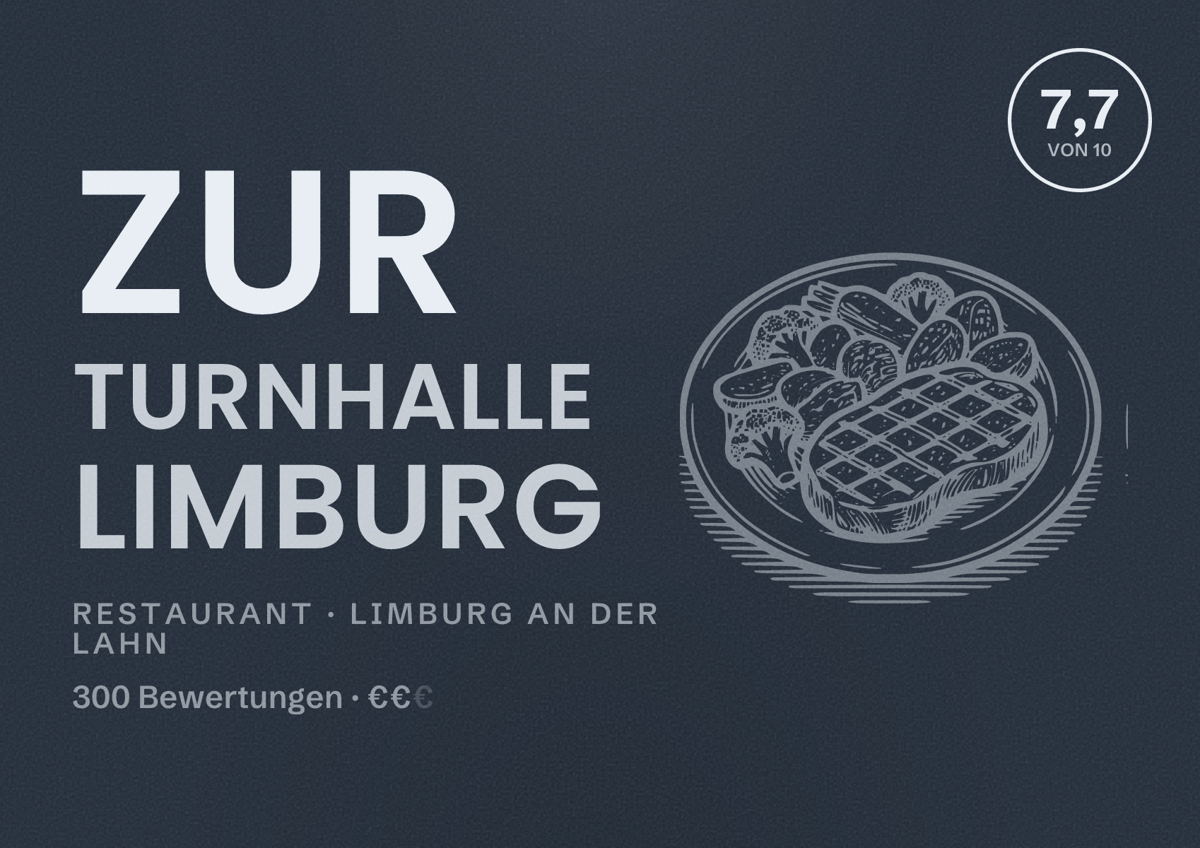 Illustriertes Poster von Zur Turnhalle Limburg, Restaurant in Limburg an der Lahn: Bewertung 7,7 von 10 aus 300 Bewertungen, Preisniveau €€