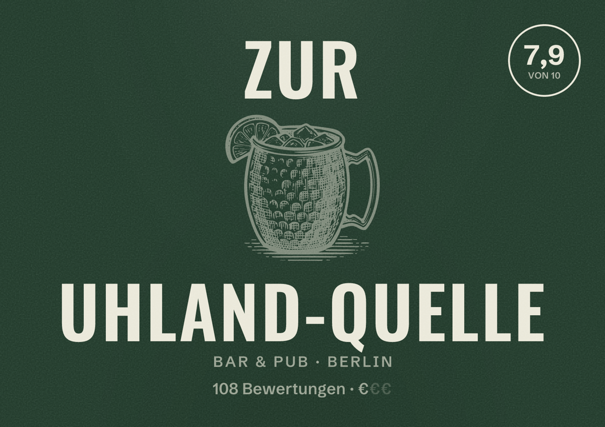 Illustriertes Poster von Zur Uhland-Quelle, Bar & Pub in Berlin: Bewertung 7,9 von 10 aus 108 Bewertungen, Preisniveau €