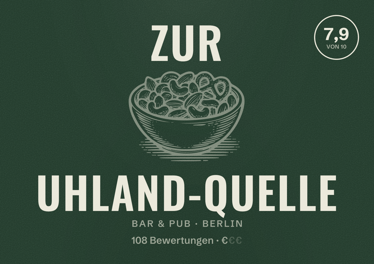 Illustriertes Poster von Zur Uhland-Quelle, Bar & Pub in Berlin: Bewertung 7,9 von 10 aus 108 Bewertungen, Preisniveau €