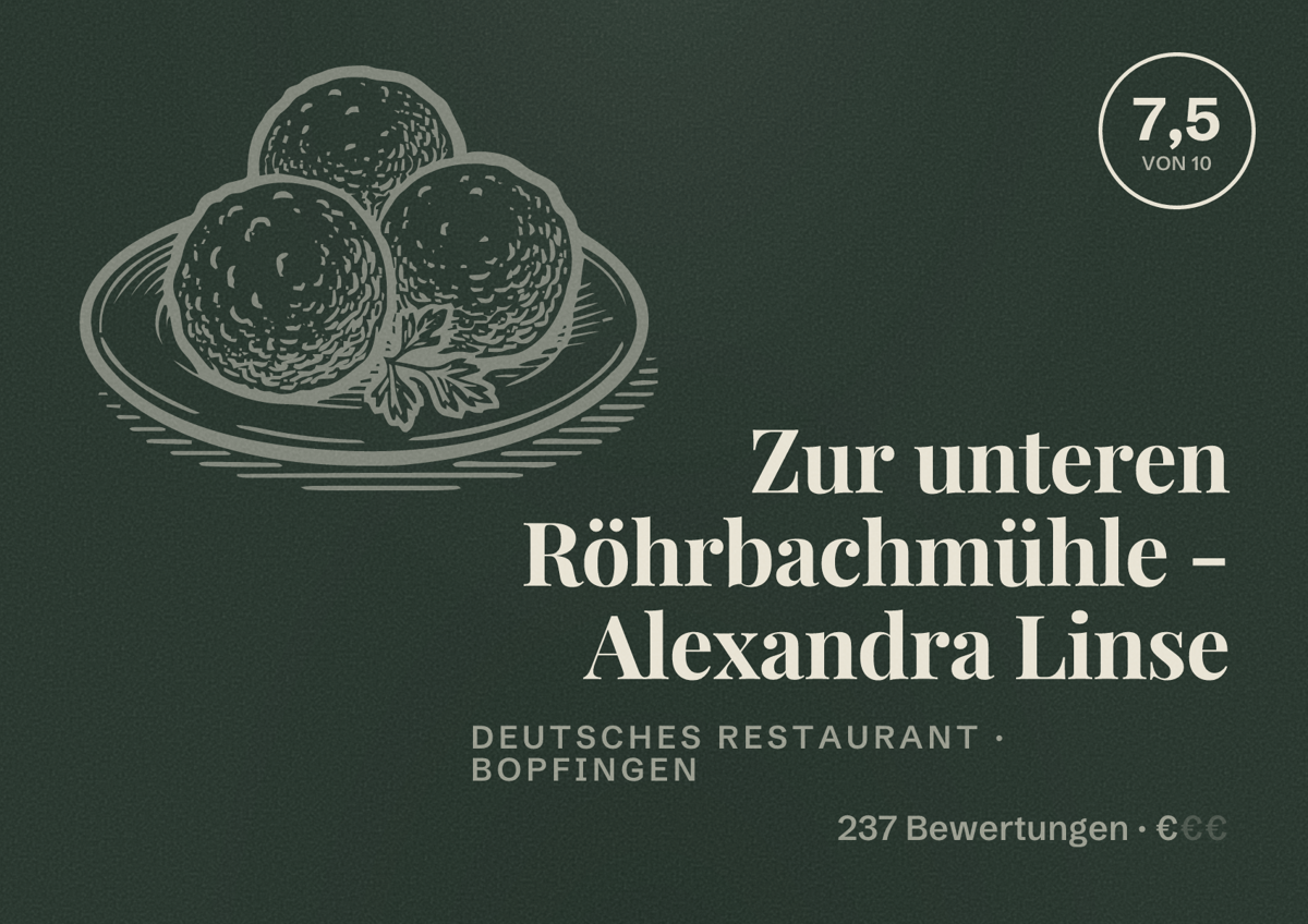 Illustriertes Poster von Zur unteren Röhrbachmühle - Alexandra Linse, Deutsches Restaurant in Bopfingen: Bewertung 7,5 von 10 aus 237 Bewertungen, Preisniveau €