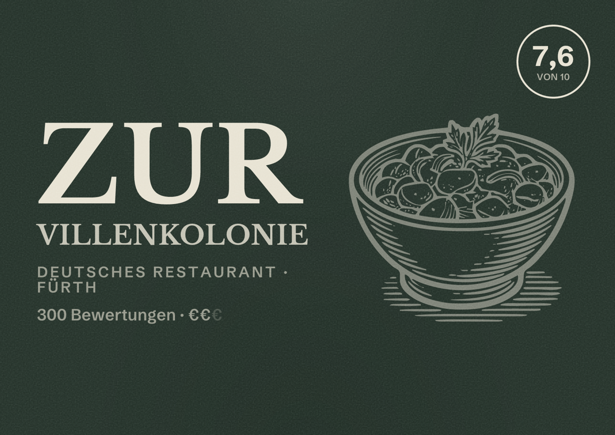 Illustriertes Poster von Zur Villenkolonie, Deutsches Restaurant in Fürth: Bewertung 7,6 von 10 aus 300 Bewertungen, Preisniveau €€