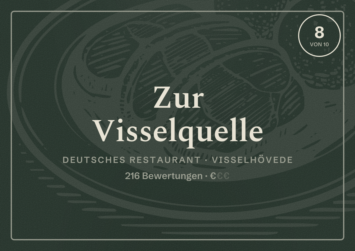 Illustriertes Poster von Zur Visselquelle, Deutsches Restaurant in Visselhövede: Bewertung 8 von 10 aus 216 Bewertungen, Preisniveau €