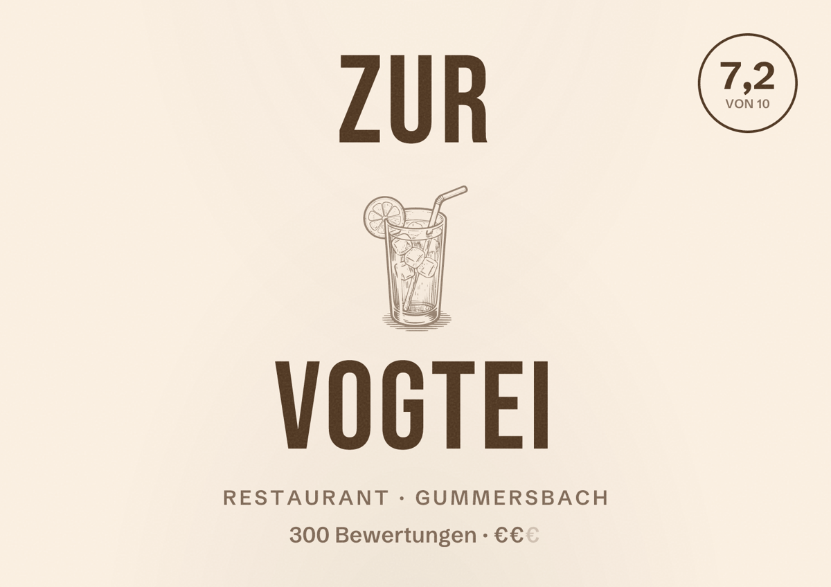 Illustriertes Poster von Zur Vogtei, Restaurant in Gummersbach: Bewertung 7,2 von 10 aus 300 Bewertungen, Preisniveau €€