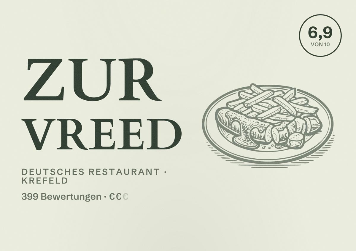 Illustriertes Poster von Zur Vreed, Deutsches Restaurant in Krefeld: Bewertung 6,9 von 10 aus 399 Bewertungen, Preisniveau €€