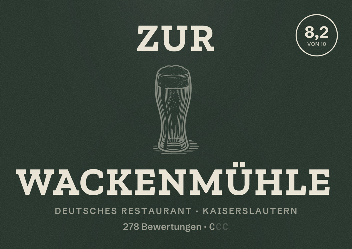 Illustriertes Poster von Zur Wackenmühle, Deutsches Restaurant in Kaiserslautern: Bewertung 8,2 von 10 aus 278 Bewertungen, Preisniveau €
