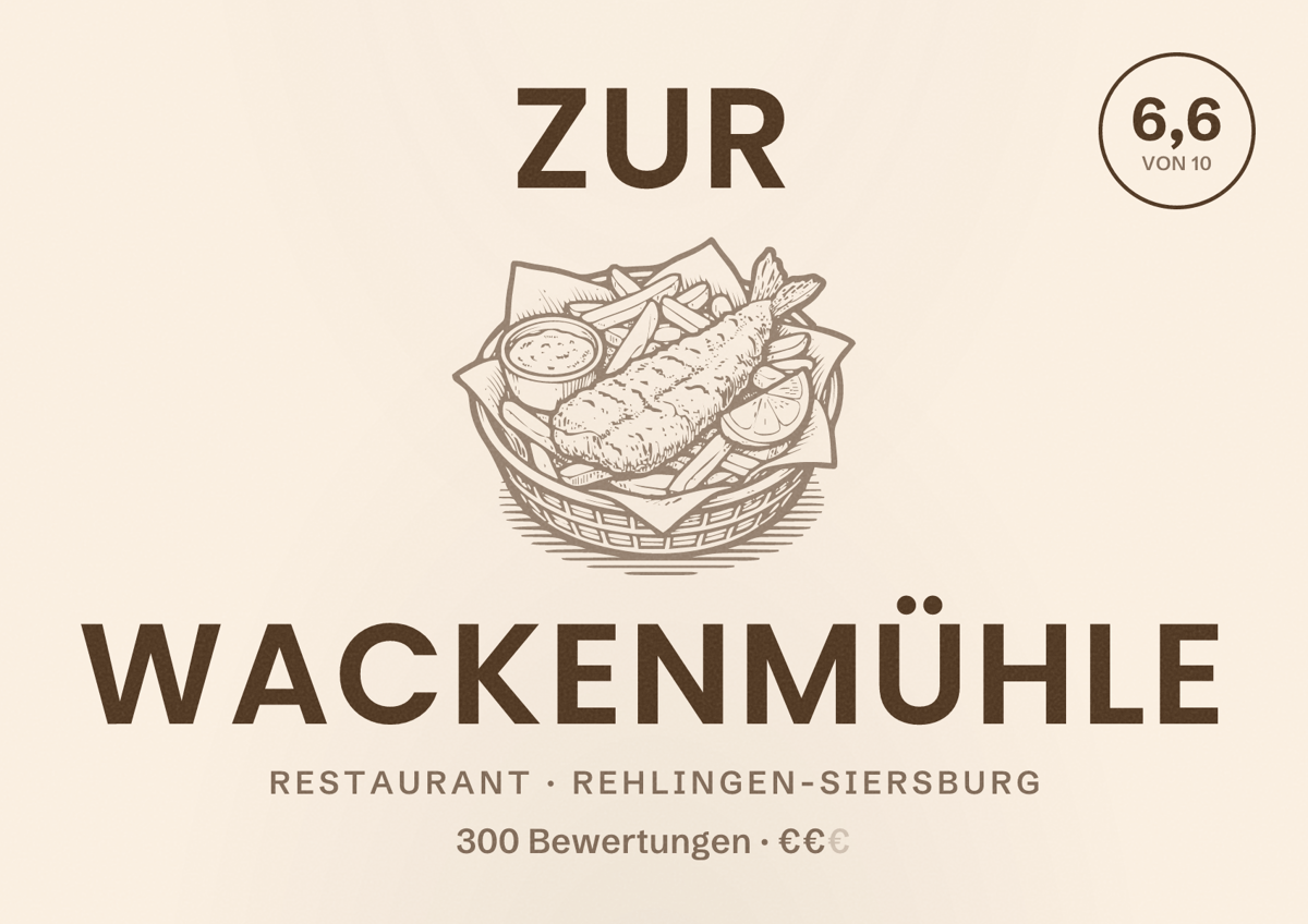 Illustriertes Poster von Zur Wackenmühle, Restaurant in Rehlingen-Siersburg: Bewertung 6,6 von 10 aus 300 Bewertungen, Preisniveau €€