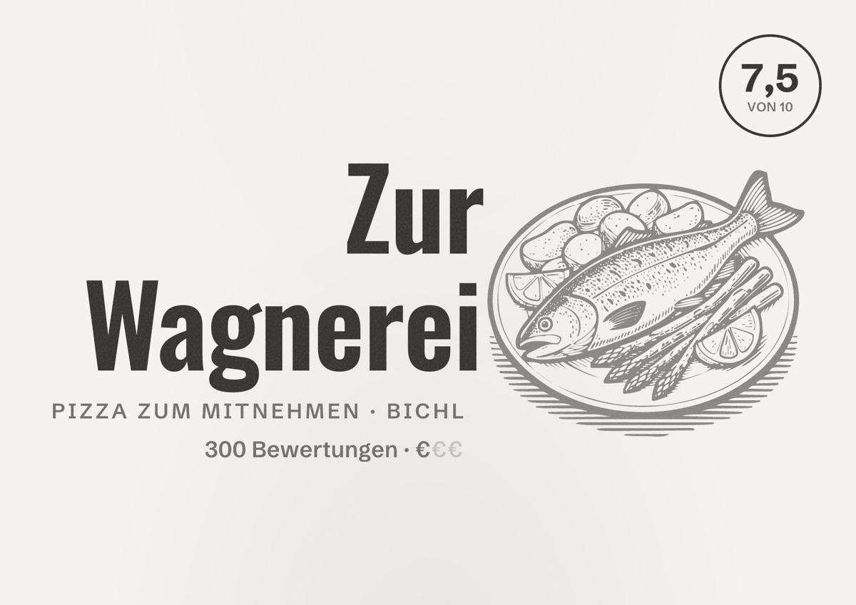 Illustriertes Poster von Zur Wagnerei, Pizza zum Mitnehmen in Bichl: Bewertung 7,5 von 10 aus 300 Bewertungen, Preisniveau €