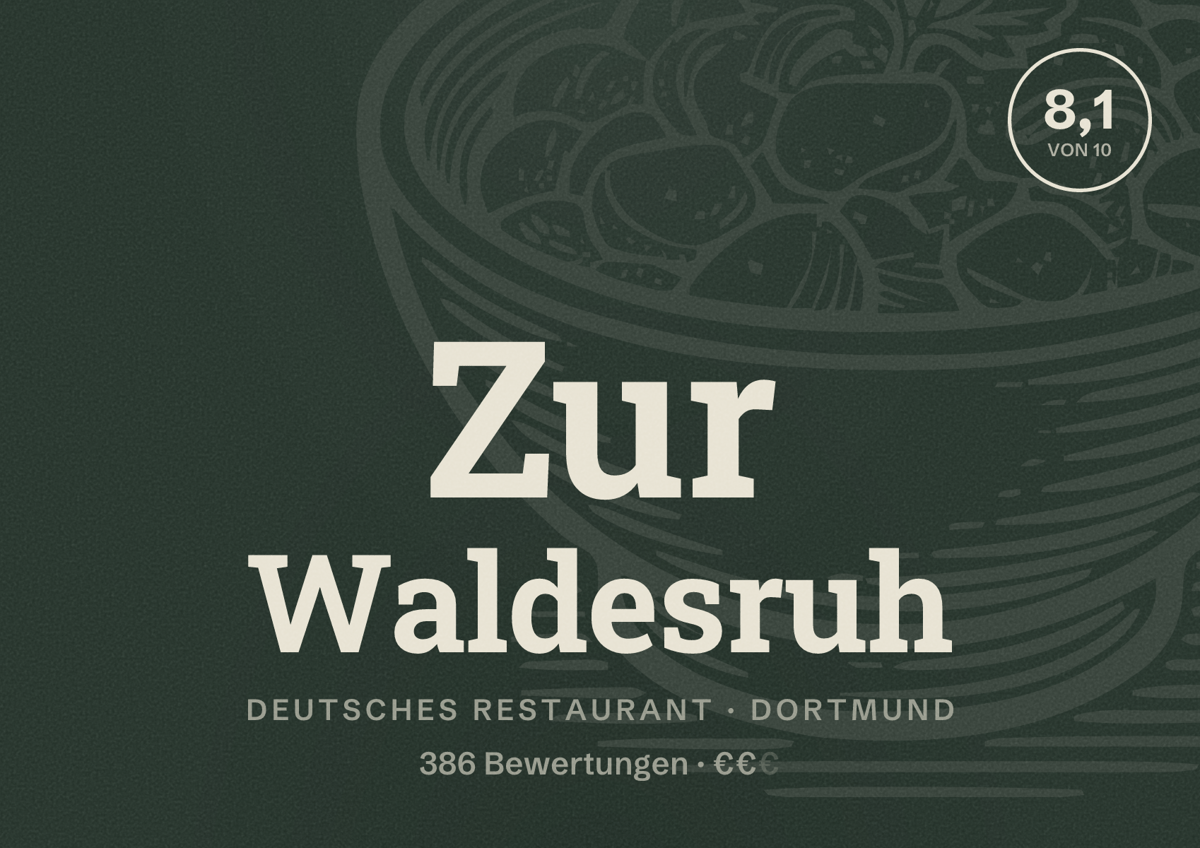 Illustriertes Poster von Zur Waldesruh, Deutsches Restaurant in Dortmund: Bewertung 8,1 von 10 aus 386 Bewertungen, Preisniveau €€