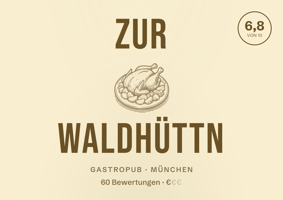 Illustriertes Poster von Zur Waldhüttn, Gastropub in München: Bewertung 6,8 von 10 aus 60 Bewertungen, Preisniveau €