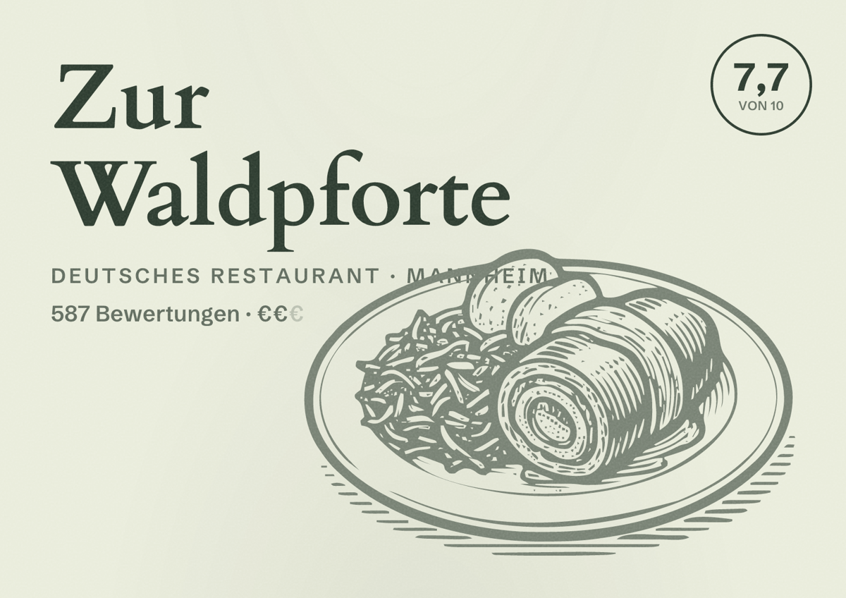 Illustriertes Poster von Zur Waldpforte, Deutsches Restaurant in Mannheim: Bewertung 7,7 von 10 aus 587 Bewertungen, Preisniveau €€