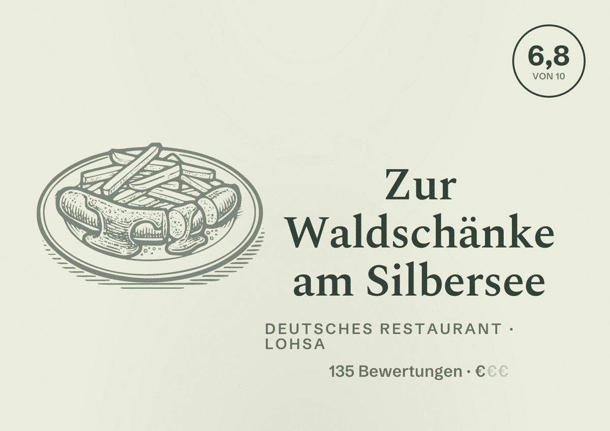 Illustriertes Poster von Zur Waldschänke am Silbersee, Deutsches Restaurant in Lohsa: Bewertung 6,8 von 10 aus 135 Bewertungen, Preisniveau €