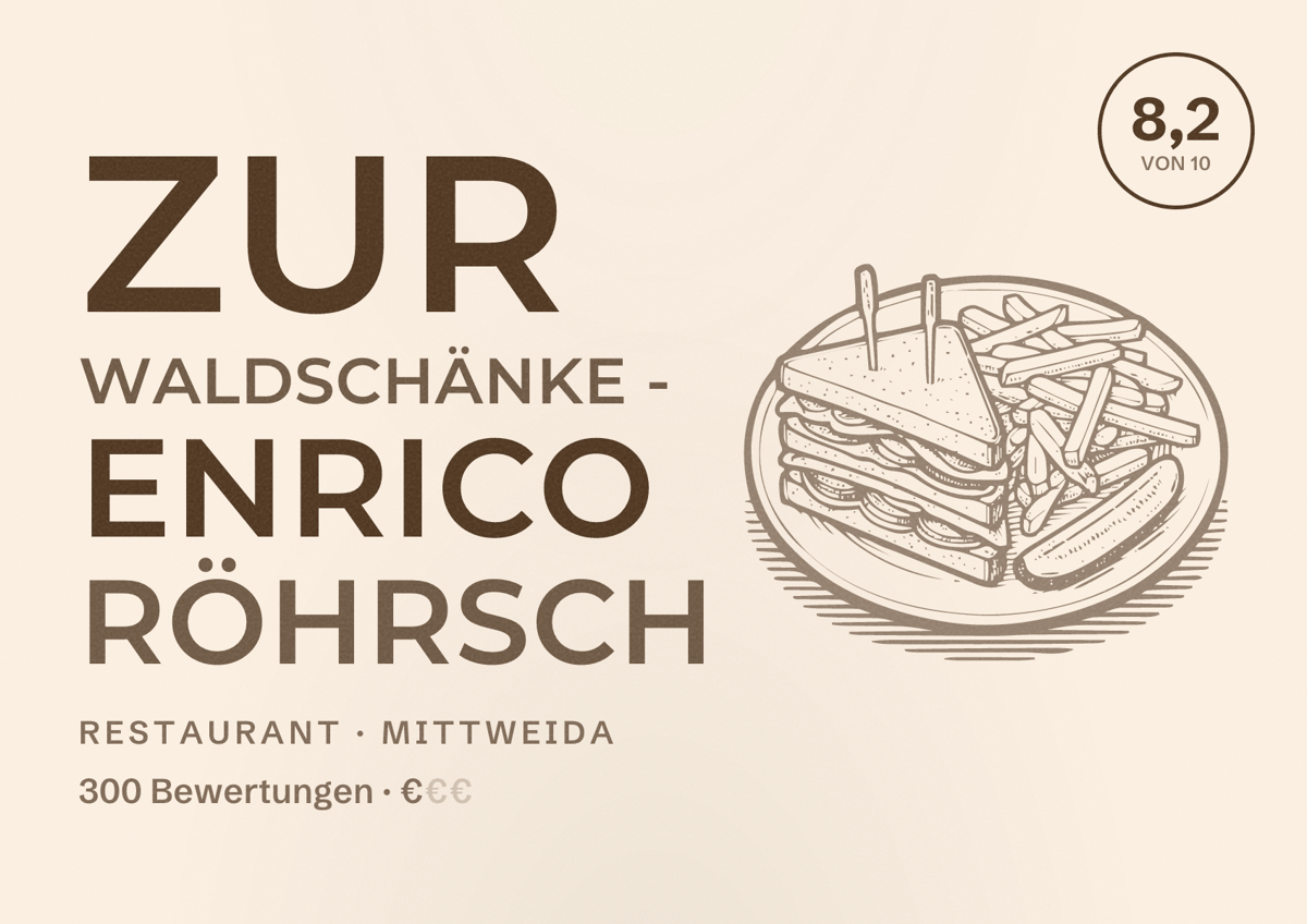 Illustriertes Poster von Zur Waldschänke - Enrico Röhrsch, Restaurant in Mittweida: Bewertung 8,2 von 10 aus 300 Bewertungen, Preisniveau €