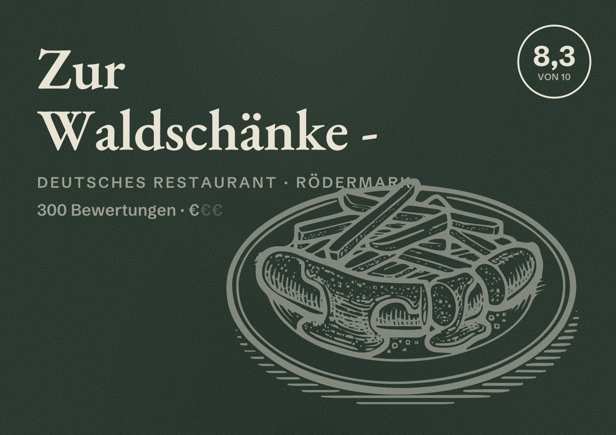 Illustriertes Poster von Zur Waldschänke -, Deutsches Restaurant in Rödermark: Bewertung 8,3 von 10 aus 300 Bewertungen, Preisniveau €
