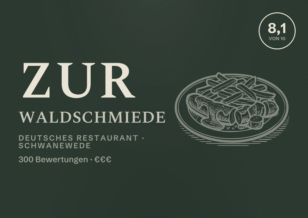 Illustriertes Poster von Zur Waldschmiede, Deutsches Restaurant in Schwanewede: Bewertung 8,1 von 10 aus 300 Bewertungen, Preisniveau €€€