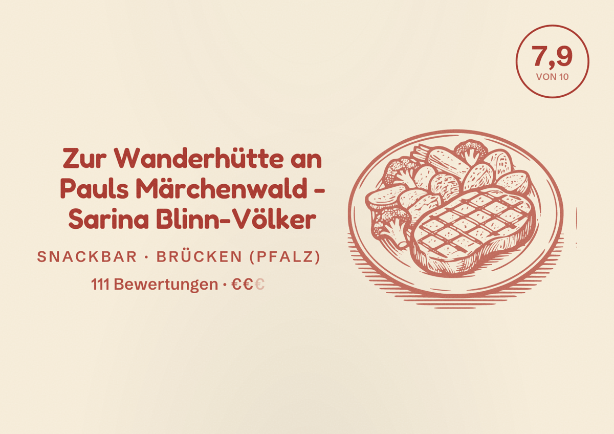 Illustriertes Poster von Zur Wanderhütte an Pauls Märchenwald - Sarina Blinn-Völker, Snackbar in Brücken (Pfalz): Bewertung 7,9 von 10 aus 111 Bewertungen, Preisniveau €€