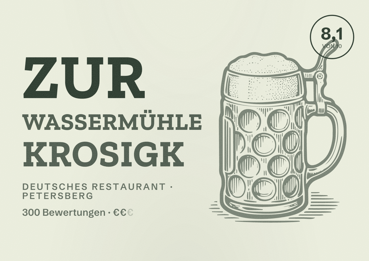 Illustriertes Poster von Zur Wassermühle Krosigk, Deutsches Restaurant in Petersberg: Bewertung 8,1 von 10 aus 300 Bewertungen, Preisniveau €€