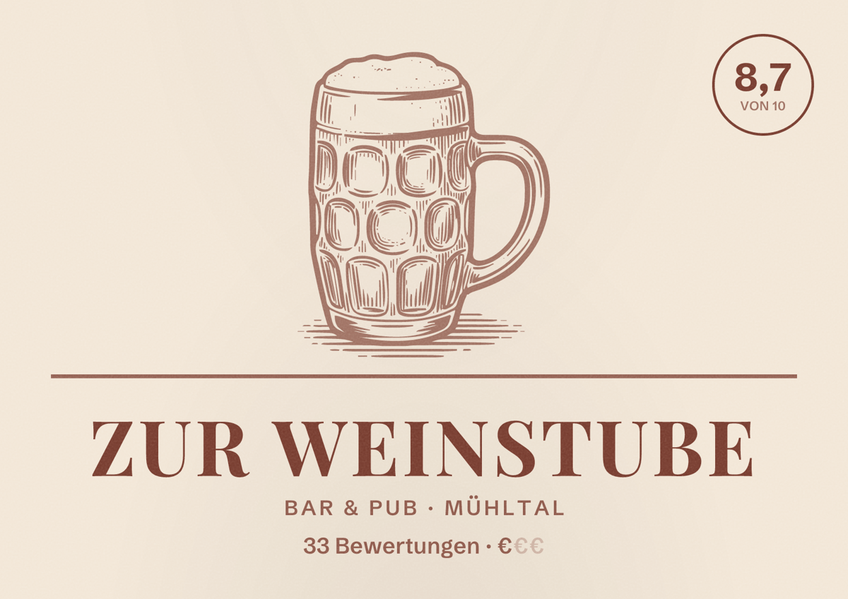 Illustriertes Poster von Zur Weinstube, Bar & Pub in Mühltal: Bewertung 8,7 von 10 aus 33 Bewertungen, Preisniveau €