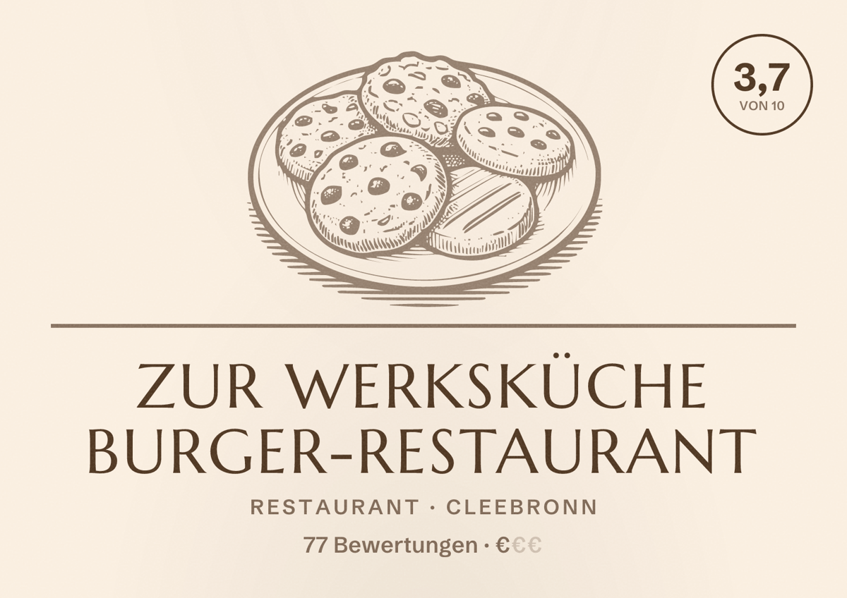 Illustriertes Poster von Zur Werksküche Burger-Restaurant, Restaurant in Cleebronn: Bewertung 3,7 von 10 aus 77 Bewertungen, Preisniveau €
