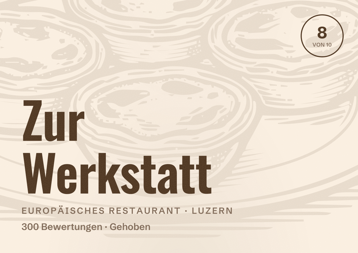 Illustriertes Poster von Zur Werkstatt, Europäisches Restaurant in Luzern: Bewertung 8 von 10 aus 300 Bewertungen, Preisniveau Gehoben