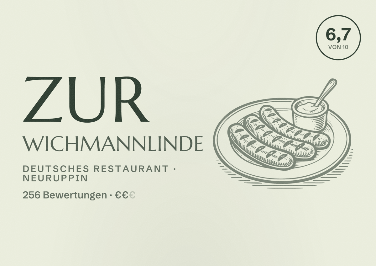 Illustriertes Poster von Zur Wichmannlinde, Deutsches Restaurant in Neuruppin: Bewertung 6,7 von 10 aus 256 Bewertungen, Preisniveau €€