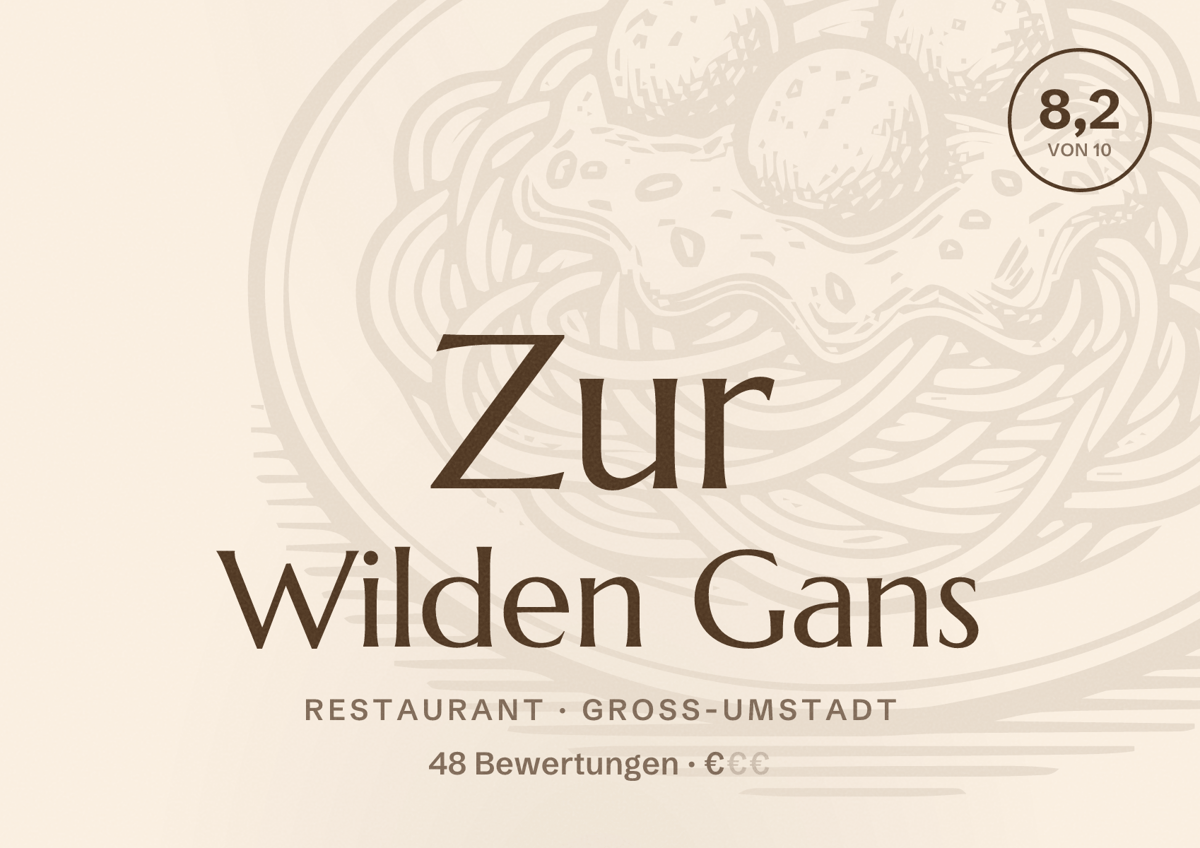 Illustriertes Poster von Zur Wilden Gans, Restaurant in Groß-Umstadt: Bewertung 8,2 von 10 aus 48 Bewertungen, Preisniveau €