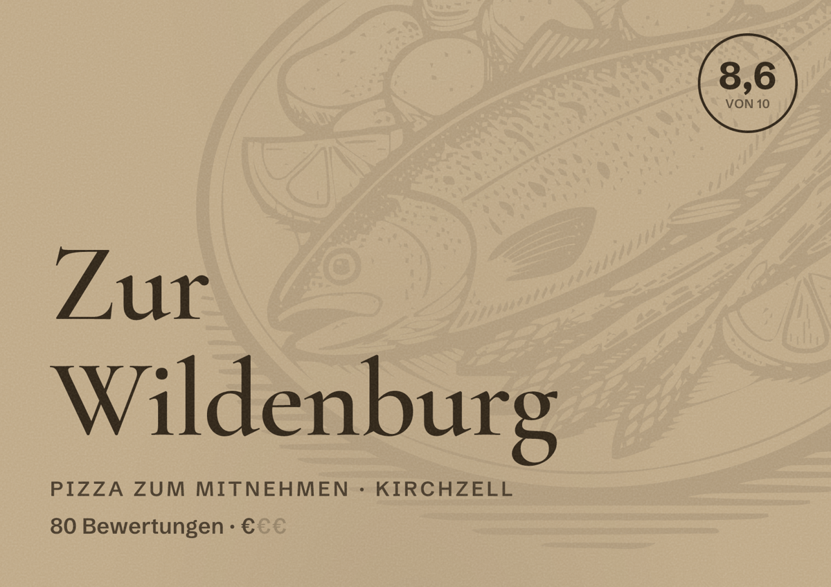 Illustriertes Poster von Zur Wildenburg, Pizza zum Mitnehmen in Kirchzell: Bewertung 8,6 von 10 aus 80 Bewertungen, Preisniveau €
