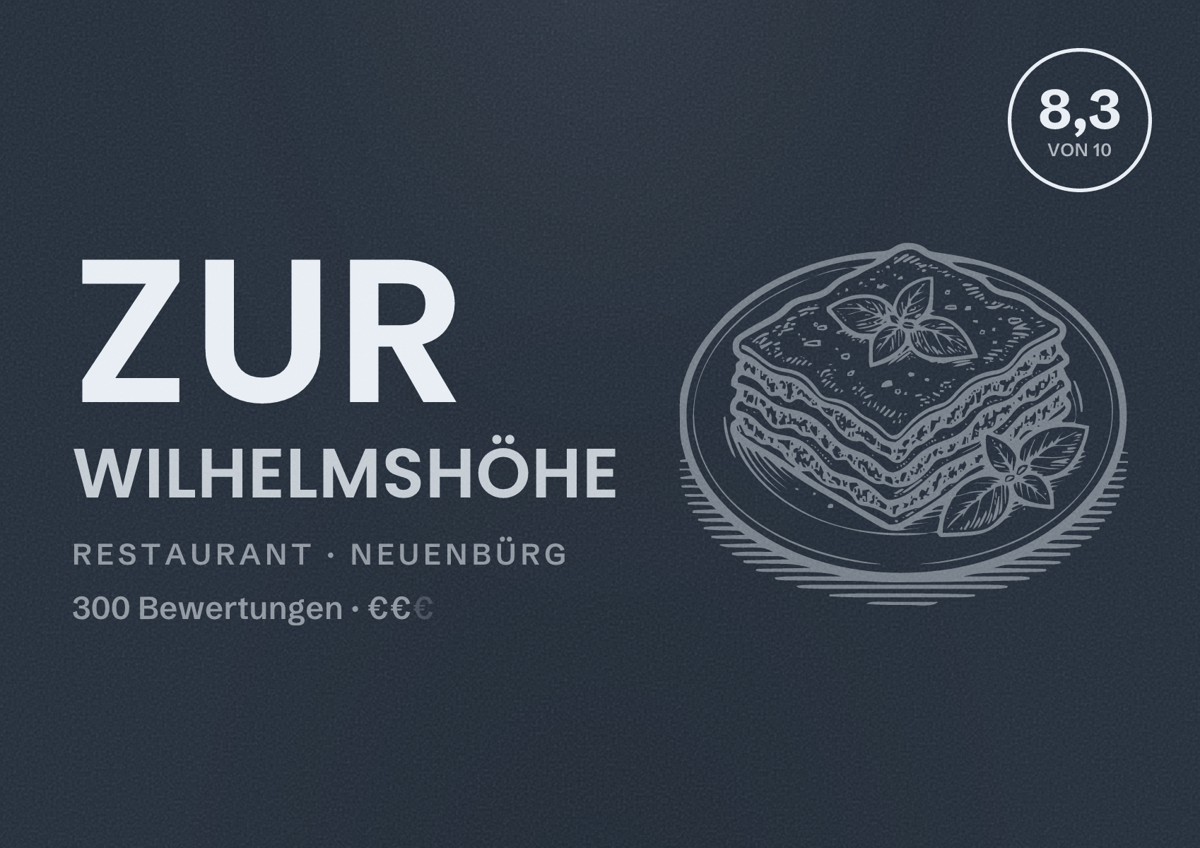 Illustriertes Poster von Zur Wilhelmshöhe, Restaurant in Neuenbürg: Bewertung 8,3 von 10 aus 300 Bewertungen, Preisniveau €€