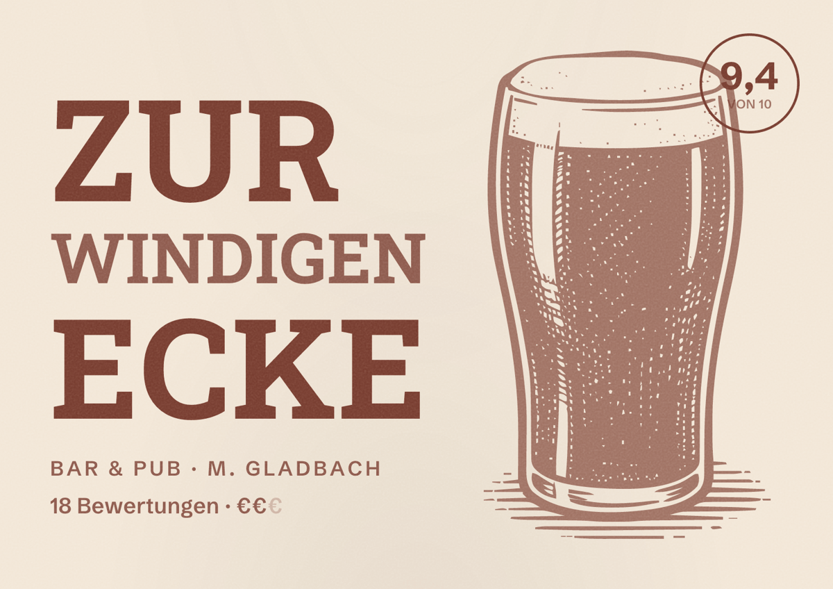 Illustriertes Poster von Zur windigen Ecke, Bar & Pub in M. Gladbach: Gästebewertung 9,4 von 10 aus 18 Bewertungen