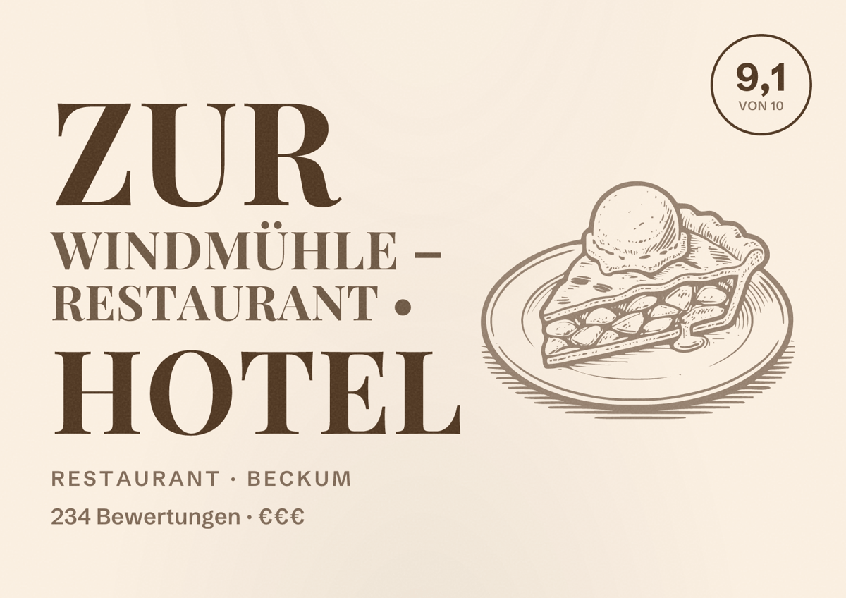 Illustriertes Poster von Zur Windmühle – Restaurant • Hotel, Restaurant in Beckum: Bewertung 9,1 von 10 aus 234 Bewertungen, Preisniveau €€€