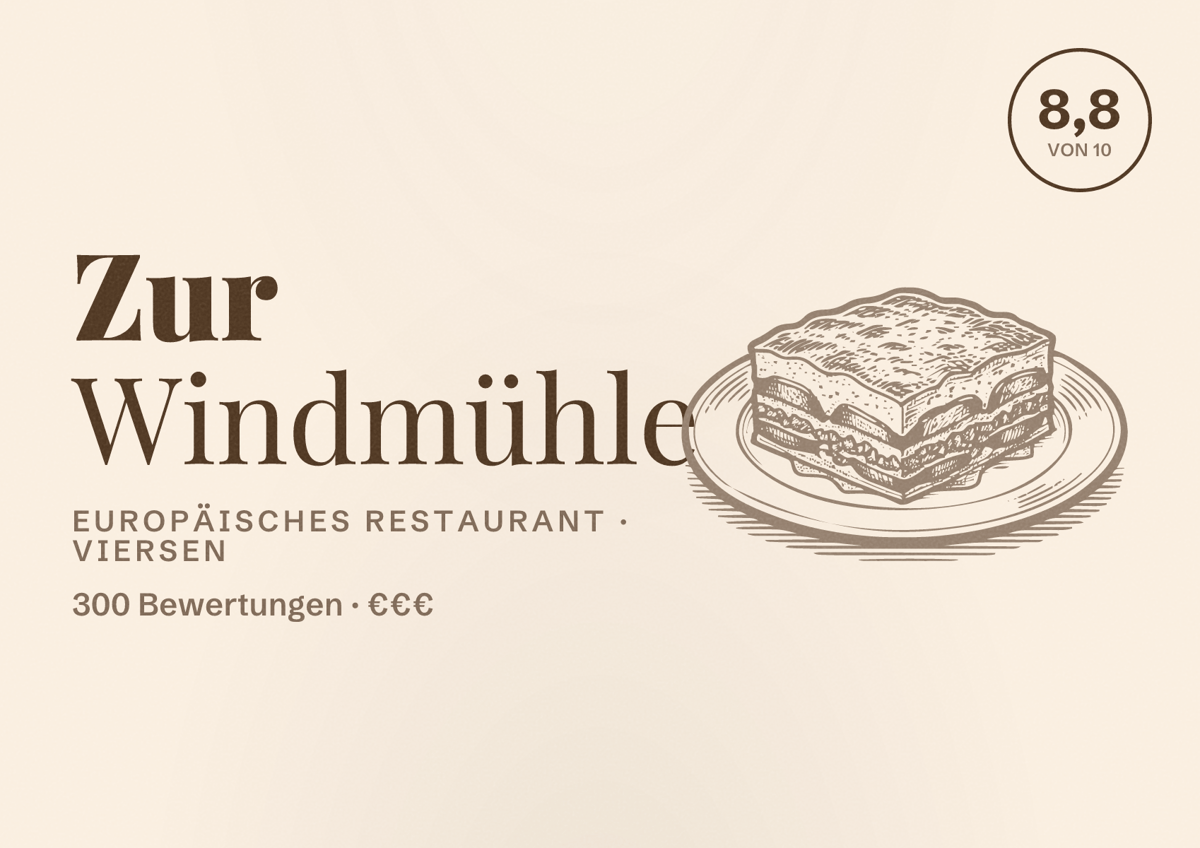 Illustriertes Poster von Zur Windmühle, Europäisches Restaurant in Viersen: Bewertung 8,8 von 10 aus 300 Bewertungen, Preisniveau €€€