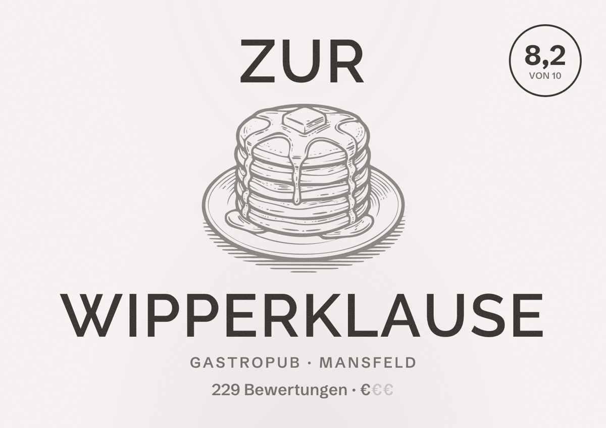 Illustriertes Poster von Zur Wipperklause, Gastropub in Mansfeld: Bewertung 8,2 von 10 aus 229 Bewertungen, Preisniveau €