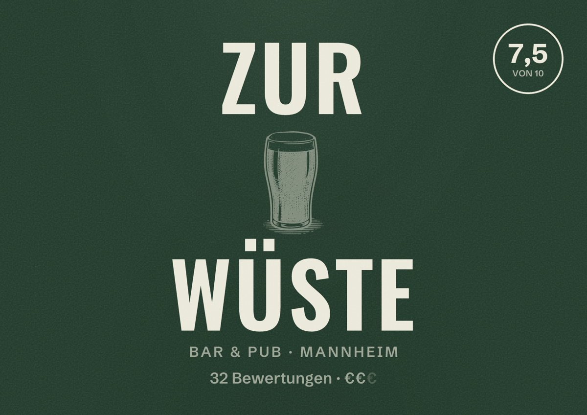 Illustriertes Poster von Zur Wüste, Bar & Pub in Mannheim: Gästebewertung 7,5 von 10 aus 32 Bewertungen