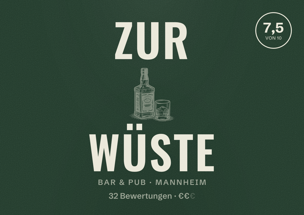 Illustriertes Poster von Zur Wüste, Bar & Pub in Mannheim: Bewertung 7,5 von 10 aus 32 Bewertungen, Preisniveau €€