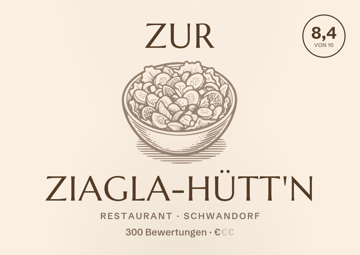 Illustriertes Poster von Zur Ziagla-Hütt'n, Restaurant in Schwandorf: Bewertung 8,4 von 10 aus 300 Bewertungen, Preisniveau €