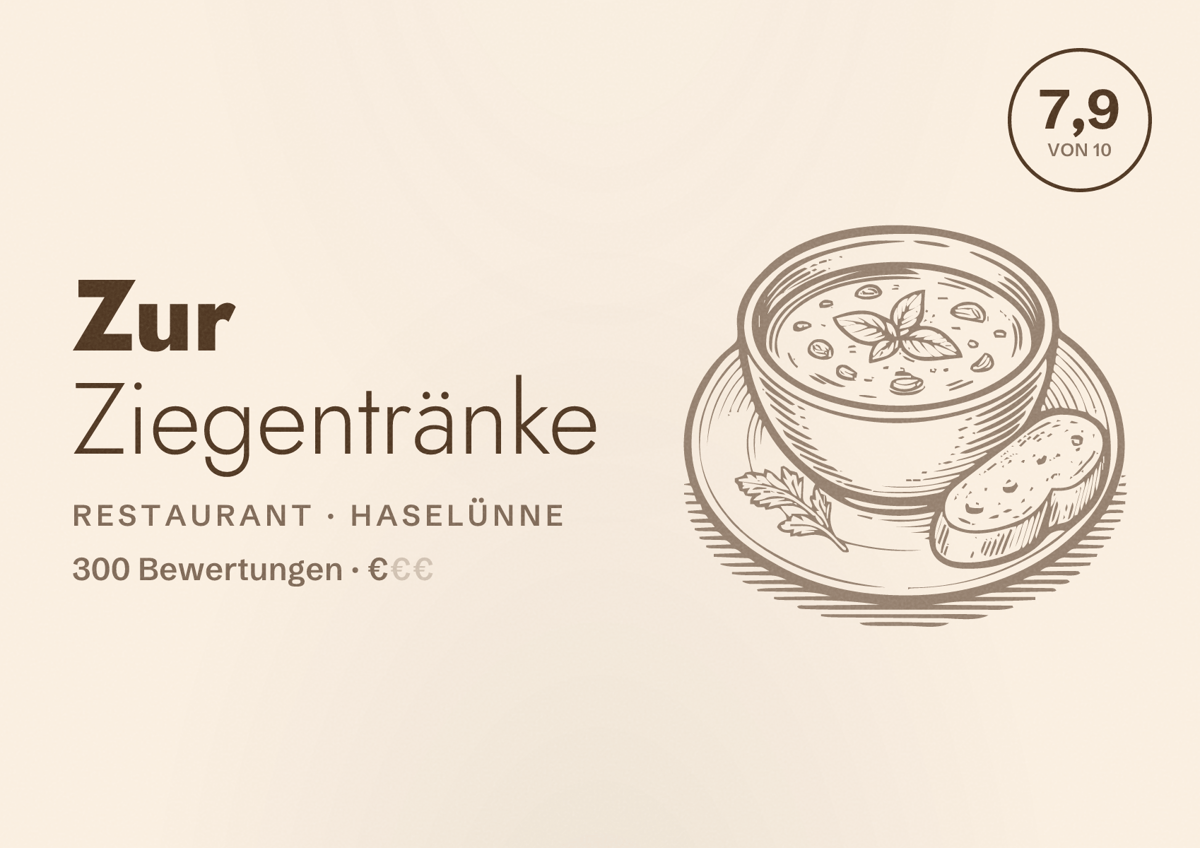 Illustriertes Poster von Zur Ziegentränke, Restaurant in Haselünne: Bewertung 7,9 von 10 aus 300 Bewertungen, Preisniveau €