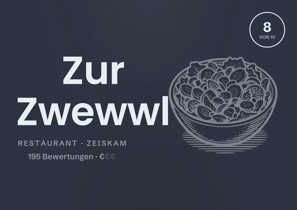 Illustriertes Poster von Zur Zwewwl, Restaurant in Zeiskam: Bewertung 8 von 10 aus 195 Bewertungen, Preisniveau €