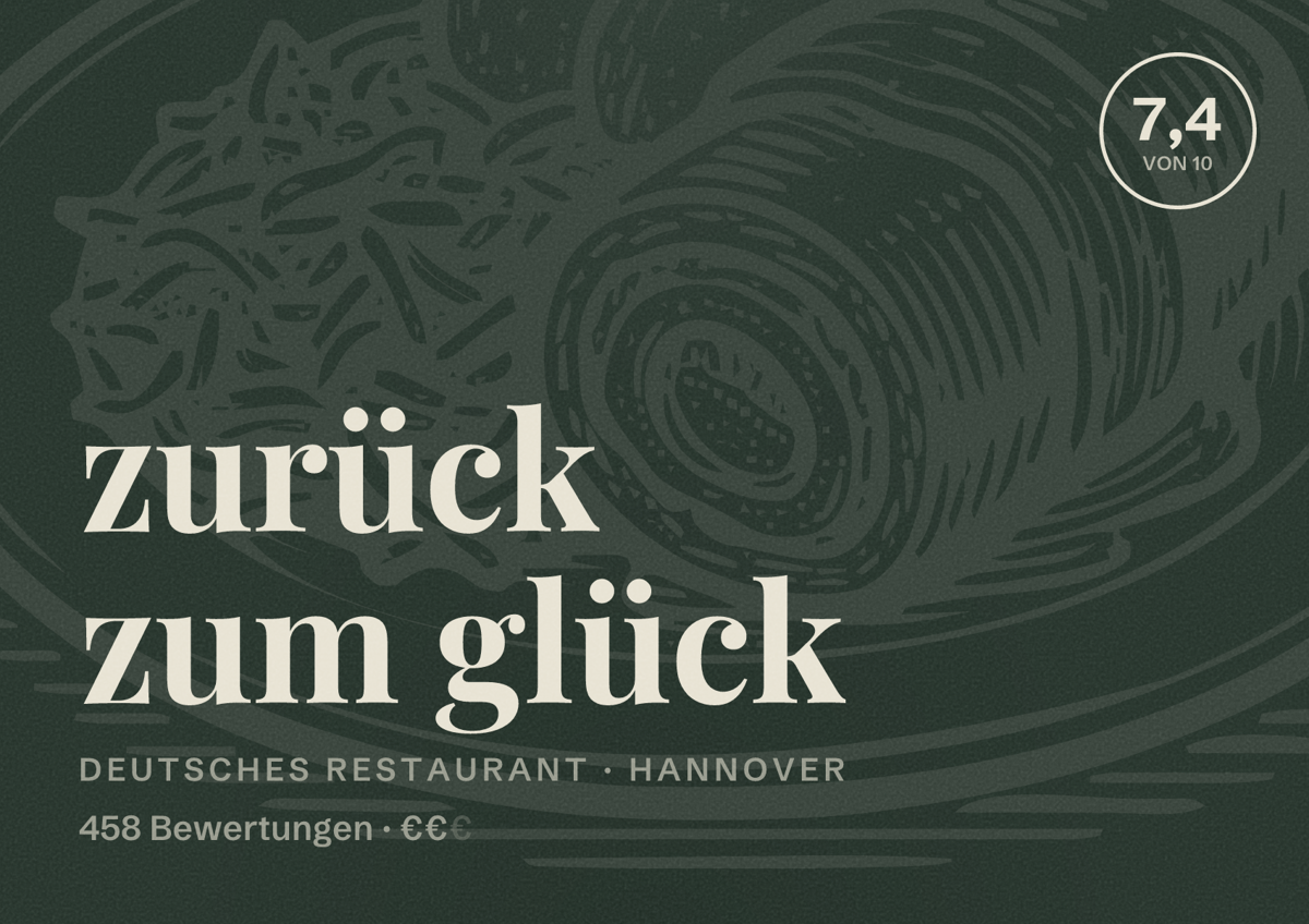 Illustriertes Poster von zurück zum glück, Deutsches Restaurant in Hannover: Bewertung 7,4 von 10 aus 458 Bewertungen, Preisniveau €€
