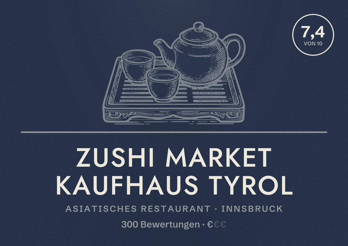 Illustriertes Poster von Zushi Market Kaufhaus Tyrol, Asiatisches Restaurant in Innsbruck: Bewertung 7,4 von 10 aus 300 Bewertungen, Preisniveau €