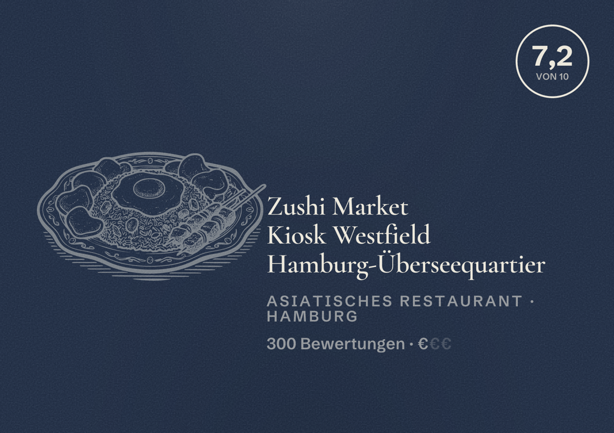 Illustriertes Poster von Zushi Market Kiosk Westfield Hamburg-Überseequartier, Asiatisches Restaurant in Hamburg: Bewertung 7,2 von 10 aus 300 Bewertungen, Preisniveau €