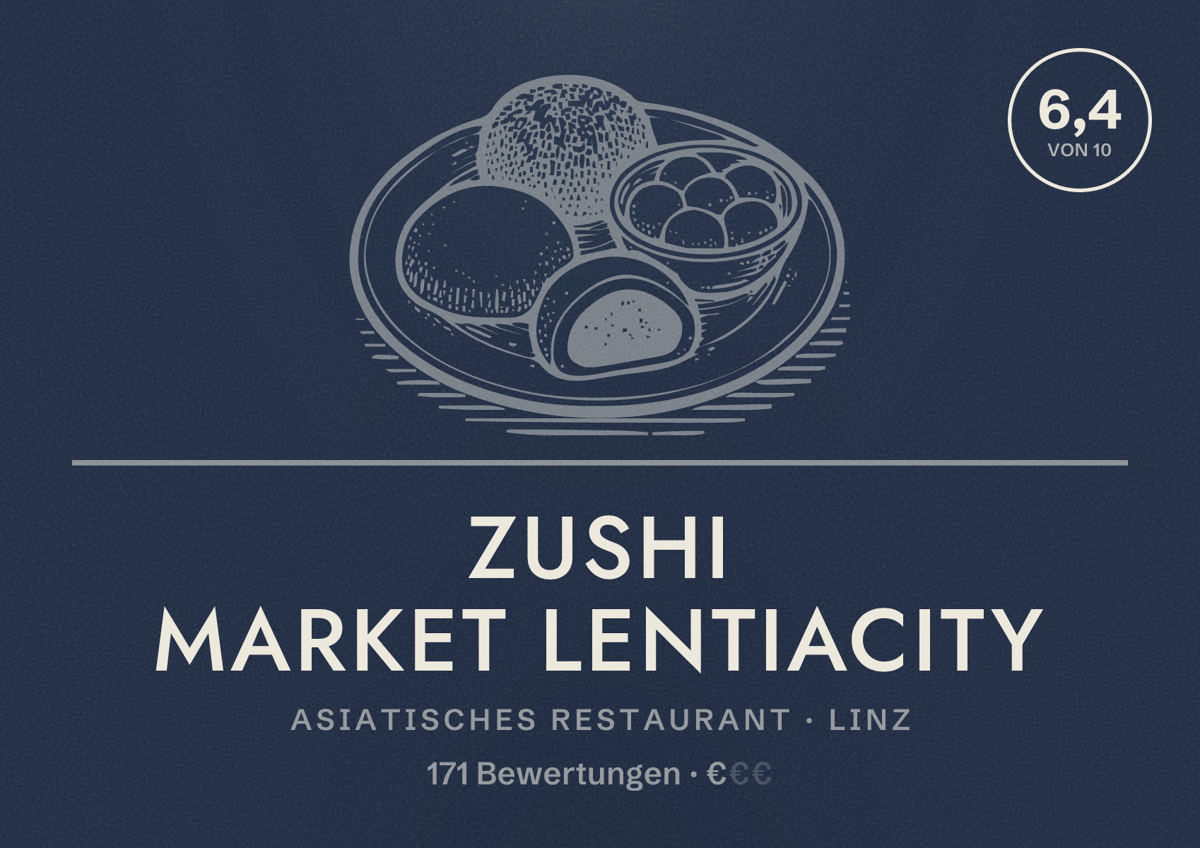 Illustriertes Poster von Zushi Market LentiaCity, Asiatisches Restaurant in Linz: Bewertung 6,4 von 10 aus 171 Bewertungen, Preisniveau €