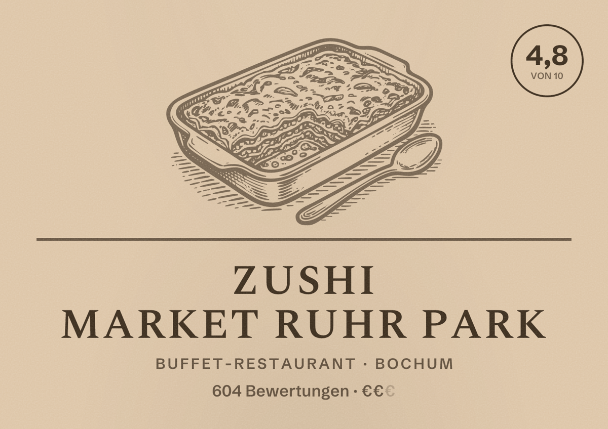 Illustriertes Poster von Zushi Market Ruhr Park, Buffet-Restaurant in Bochum: Bewertung 4,8 von 10 aus 604 Bewertungen, Preisniveau €€
