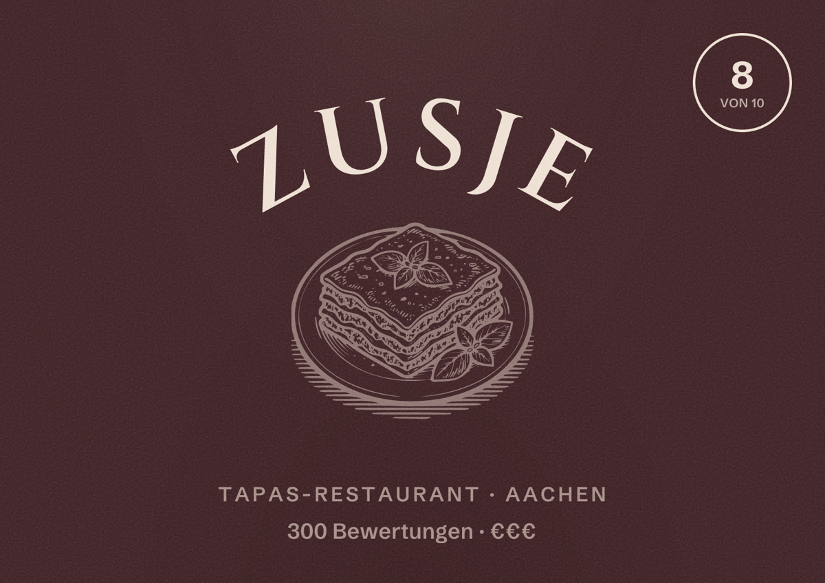 Illustriertes Poster von Zusje, Tapas-Restaurant in Aachen: Bewertung 8,0 von 10 aus 300 Bewertungen, Preisniveau €€€
