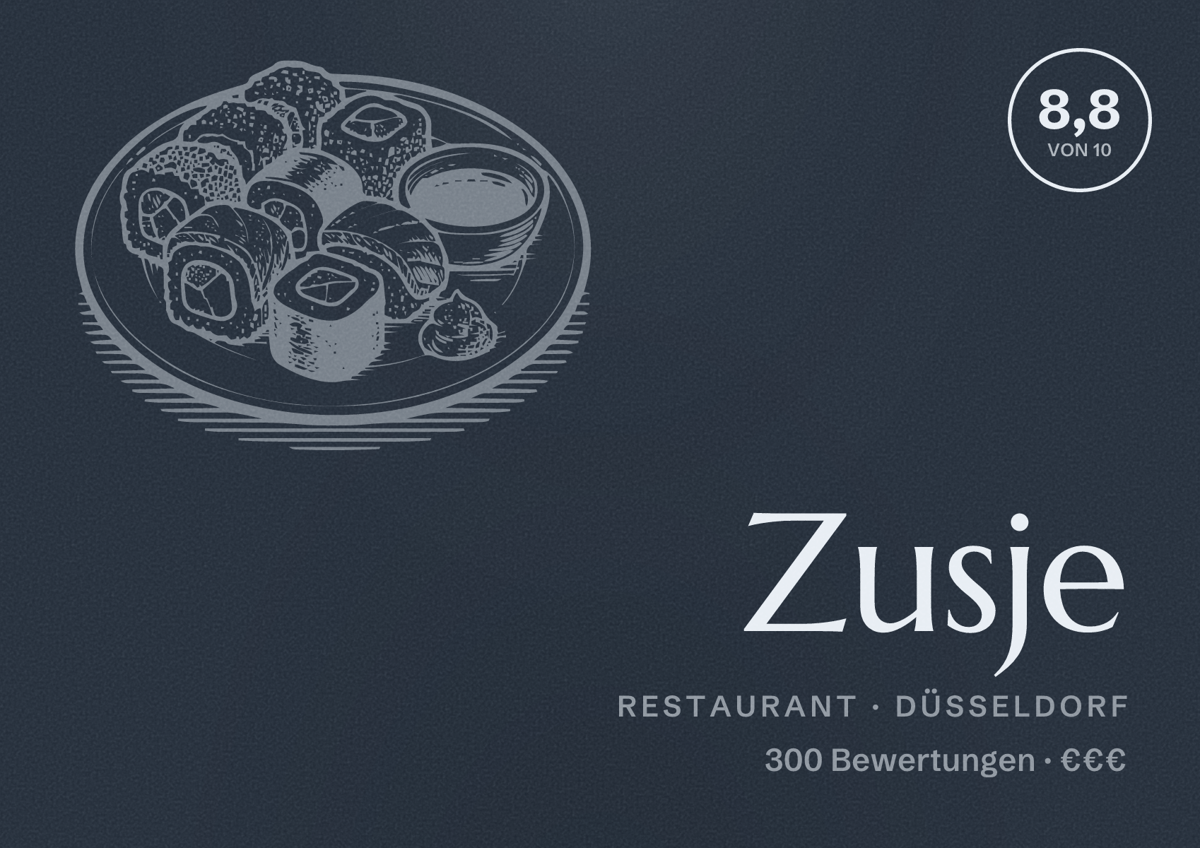 Illustriertes Poster von Zusje, Restaurant in Düsseldorf: Bewertung 8,8 von 10 aus 300 Bewertungen, Preisniveau €€€