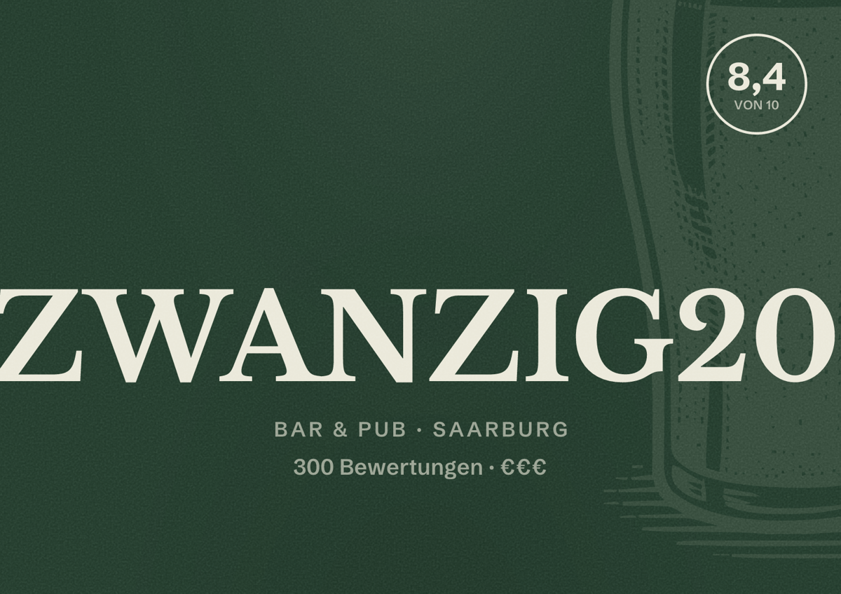 Illustriertes Poster von ZWANZIG20, Bar & Pub in Saarburg: Bewertung 8,4 von 10 aus 300 Bewertungen, Preisniveau €€€