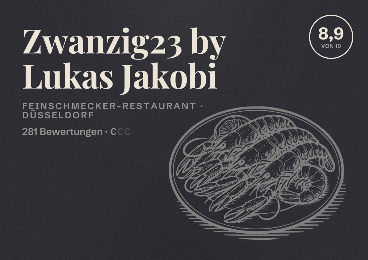 Illustriertes Poster von Zwanzig23 by Lukas Jakobi, Feinschmecker-Restaurant in Düsseldorf: Bewertung 8,9 von 10 aus 281 Bewertungen, Preisniveau €