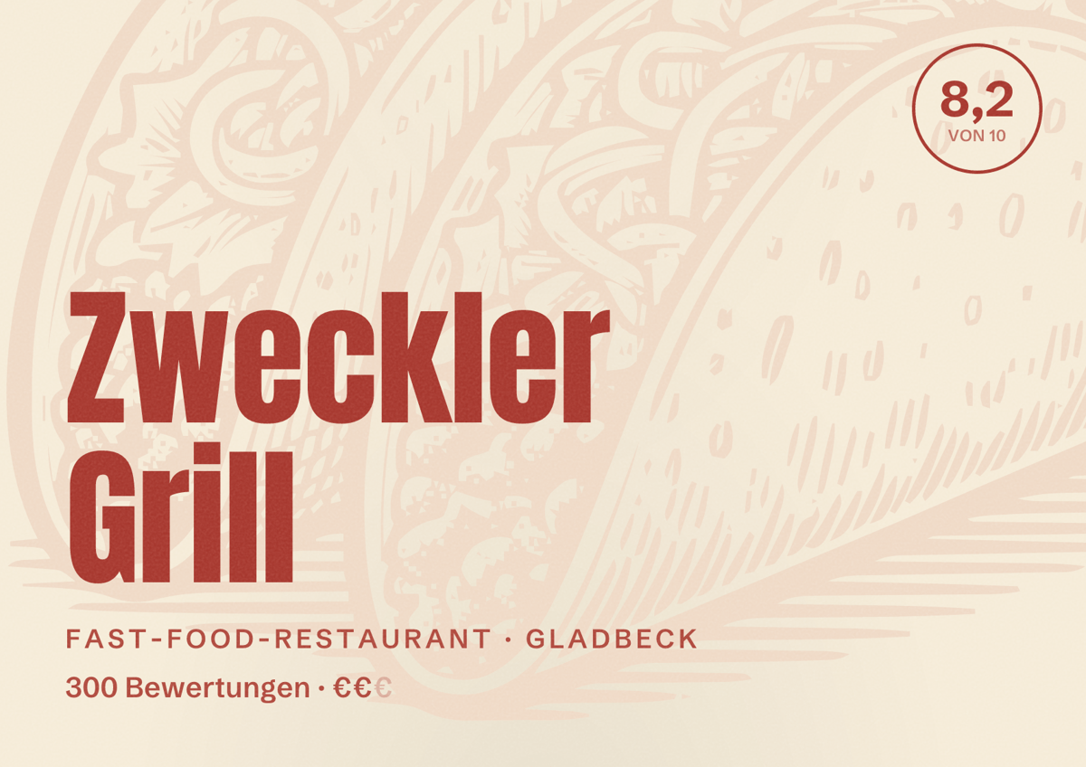 Illustriertes Poster von Zweckler Grill, Fast-Food-Restaurant in Gladbeck: Bewertung 8,2 von 10 aus 300 Bewertungen, Preisniveau €€